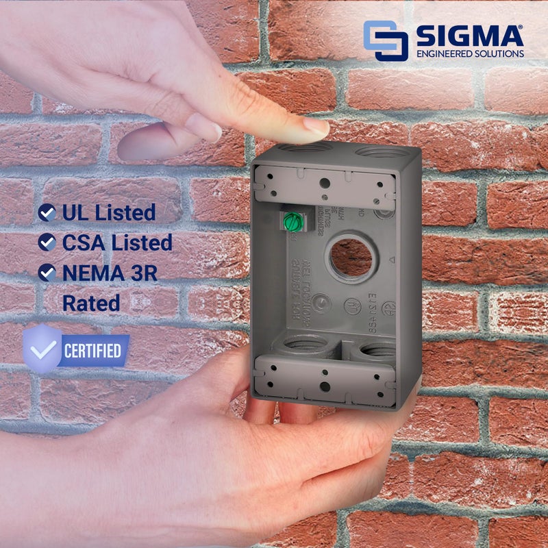 Sigma Electric SIGMA ENGINEERED SOLUTIONS 14253-5 Metal Electrical Outlet Box, Weatherproof, Easy Mount Plug and Receptacle Protector, Gray, (5) 3/4-Inch Holes, 1 Gang Box - Image 3